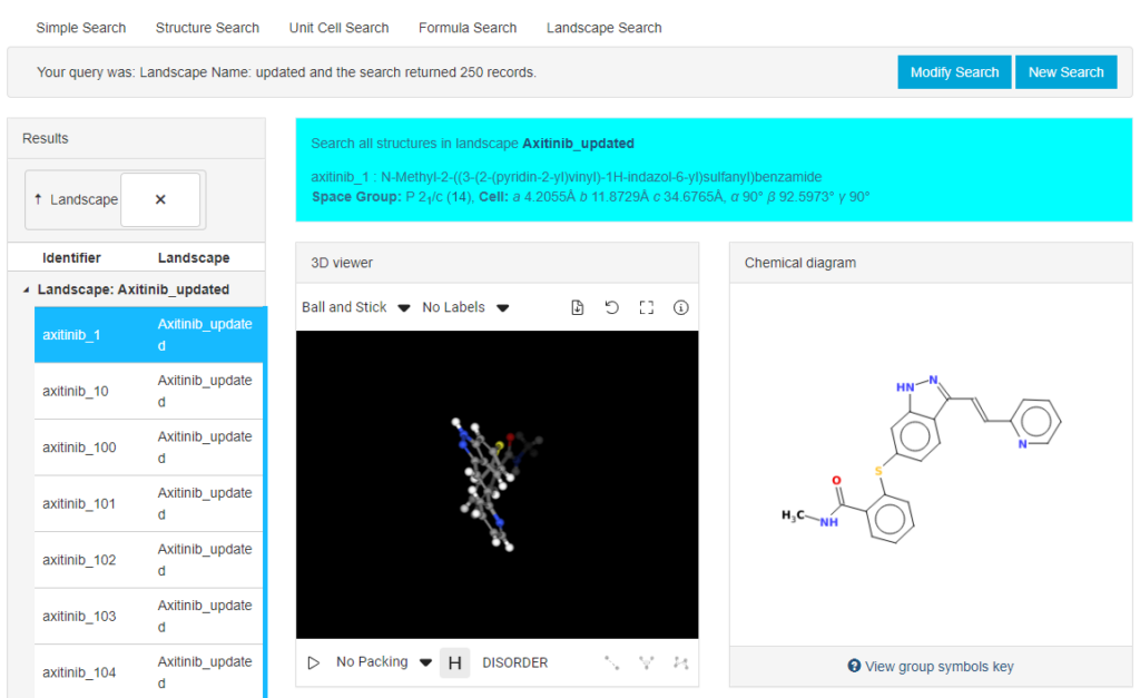 CSP landscape search results, which are grouped by landscape. There is also the datasheet for the first structure in the landscape, including landscape details, a 3D visualization of the structure, and a Chemical diagram.